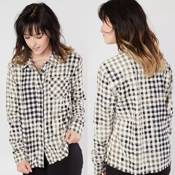 Gilded intent button up Washed Flannel shirt raw hem plaid women’s size s small - Picture 1 of 4